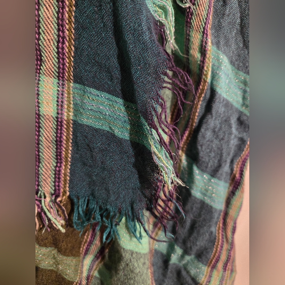 Plaid Fringed Scarf in Purple and Green - Picture 2 of 4